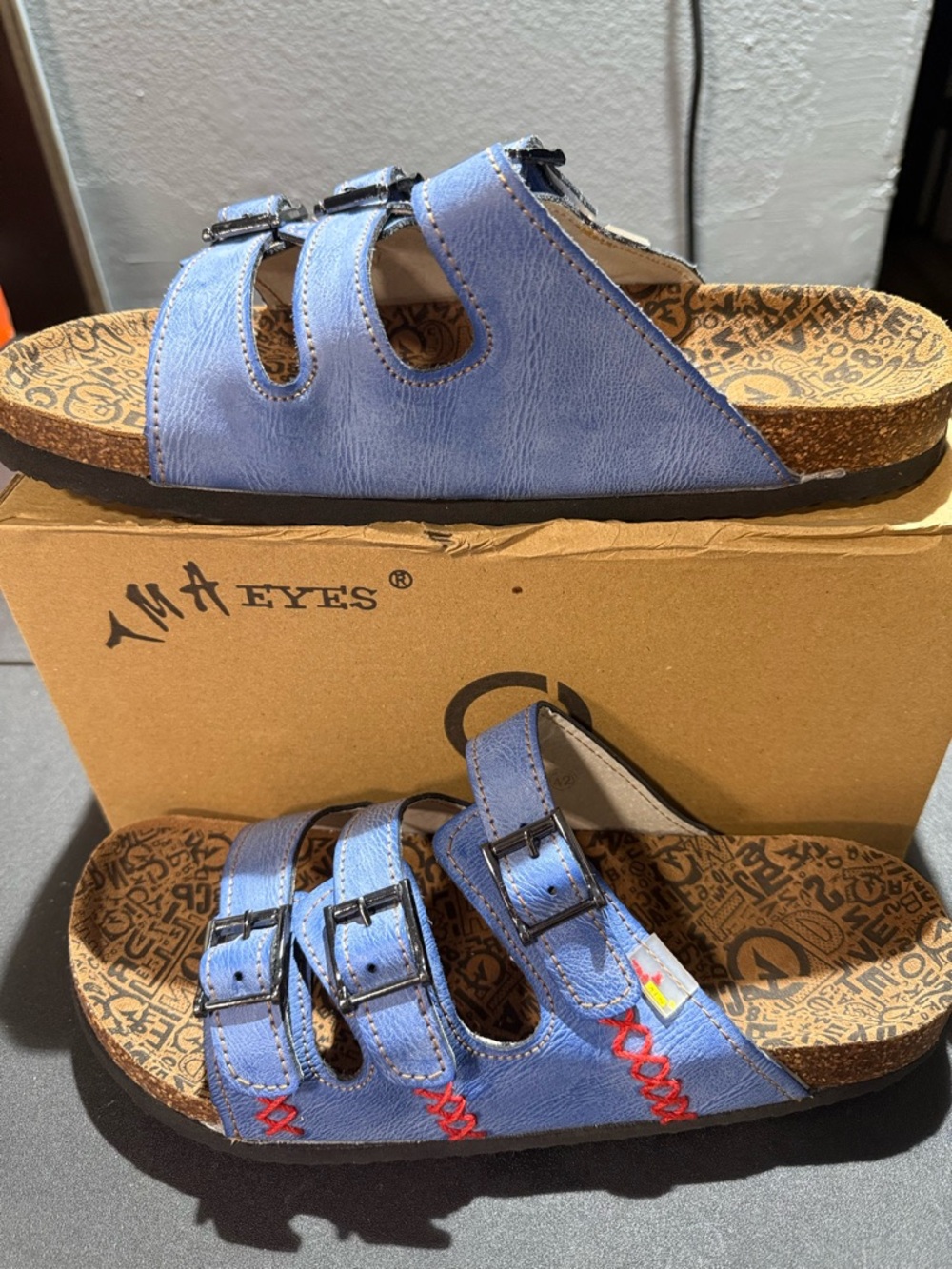 TMA Eyes-Women’s Blue Retro Multi-Buckle Slides Adjustable Leather Straps